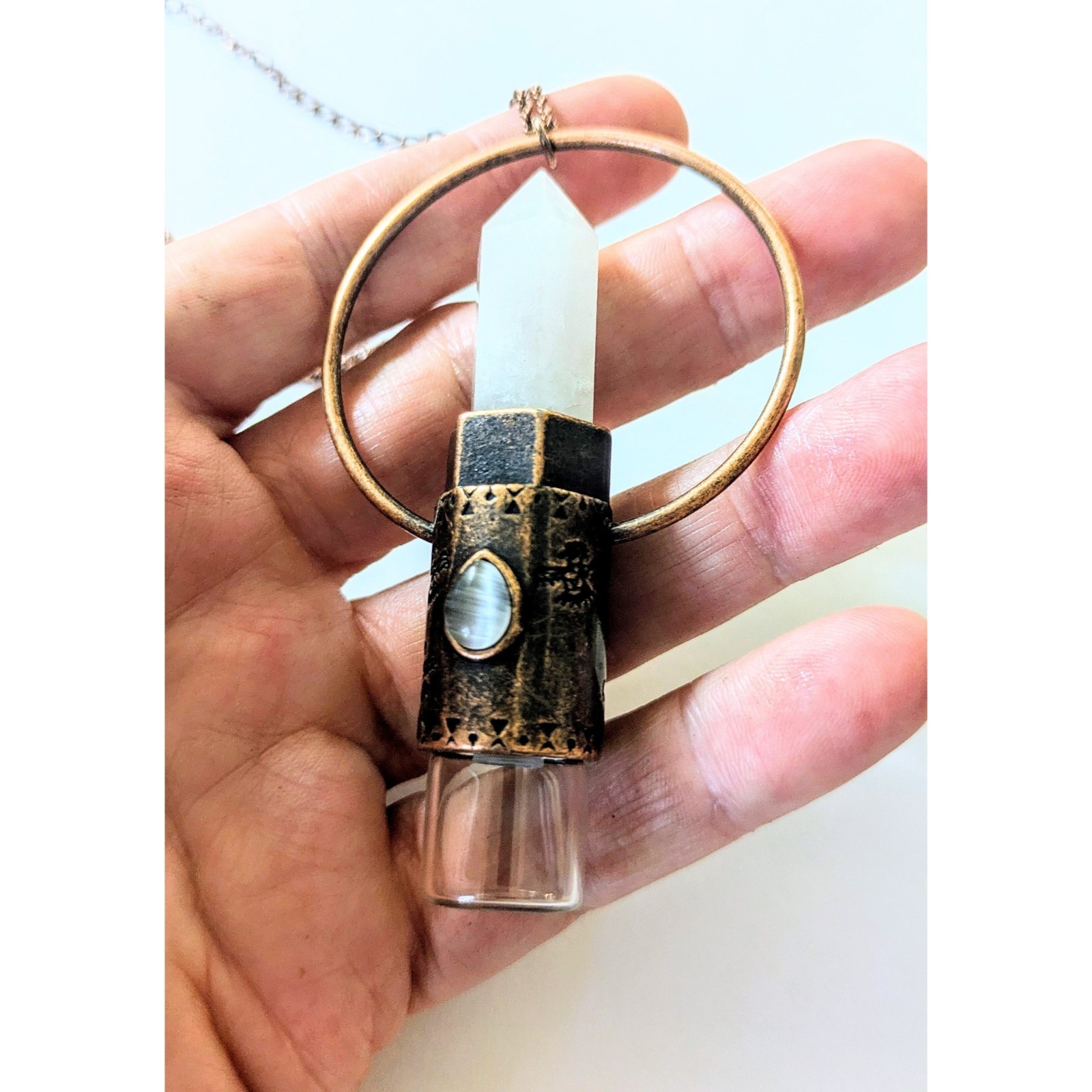 Copper & Quartz Crystal Essential Oil Rollerball Vial Pendant Necklace NEW