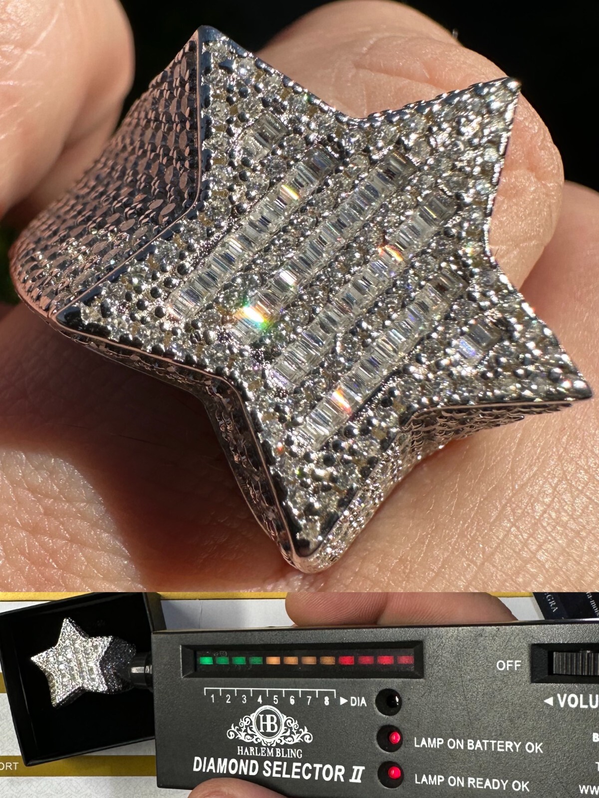 MOISSANITE Real 925 Silver Iced Baguette Star Shape Ring Passes Tester Hip Hop