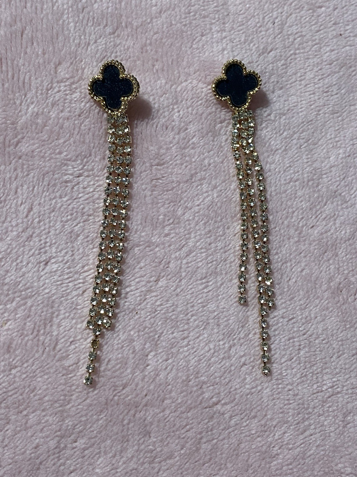 Gold /Black Clover Tone Drop/Dangling Tassel Clear Rhinestones Earrings NWT