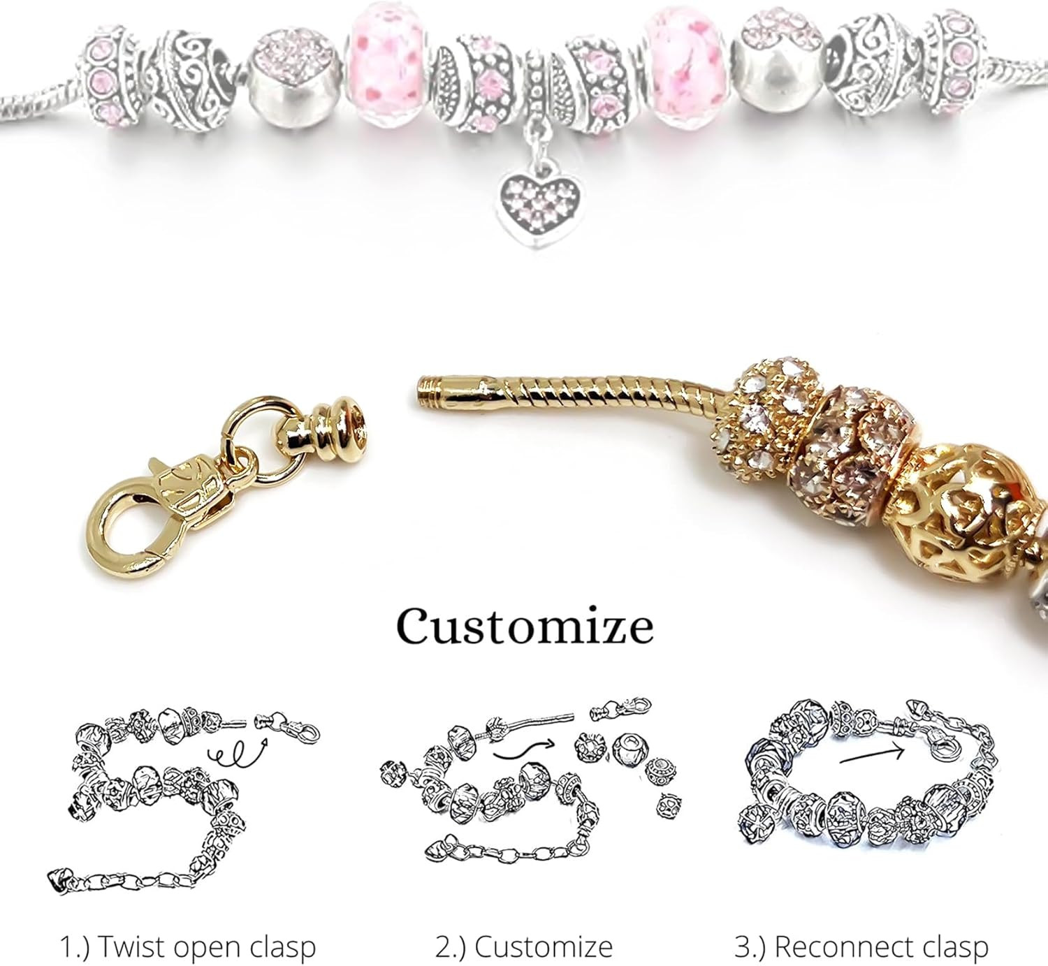 2 Pack Charm Bracelets Pink and Gold Heart Silver 7.5 Inches, Gold/Pink