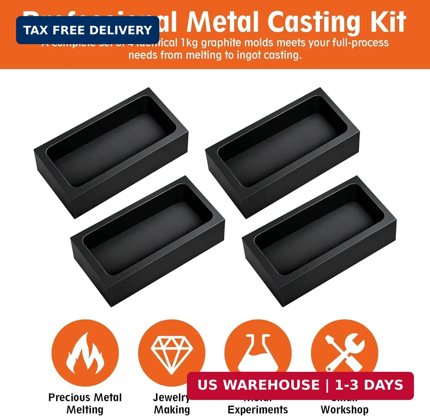 4 Pcs 1Kg High-Purity Graphite Ingot Molds for Casting Gold Silver Aluminum Copp