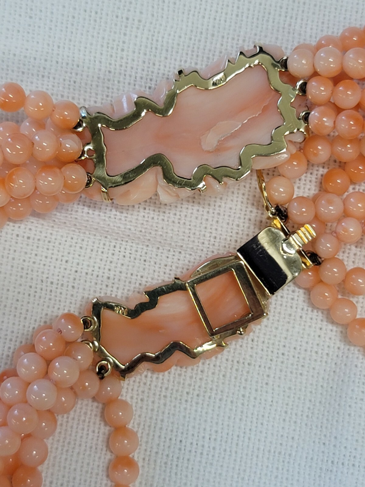 Pink Coral Round Floral Rose 6 Strand Beaded 14K Gold Necklace 114g Angel Skin