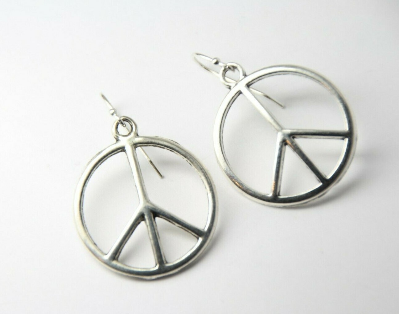 Peace Sign Charm Earrings Hippie 1960s 925 Sterling Silver Hooks Pewter Charms