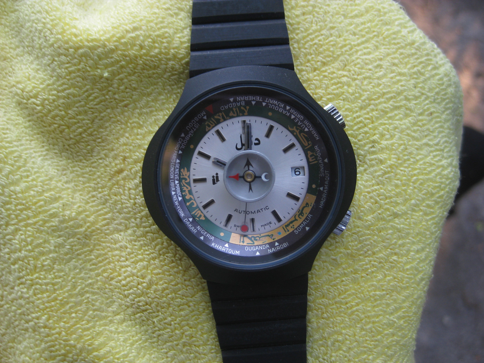 Vintage Dalil Worldtime Automatic Moslem Watch Special Shape Black NOS Jumbo