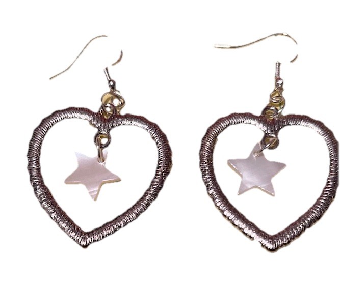 Antique Silver Open Heart Charm w/Crystals & Mother of Pearl Star Earrings NEW