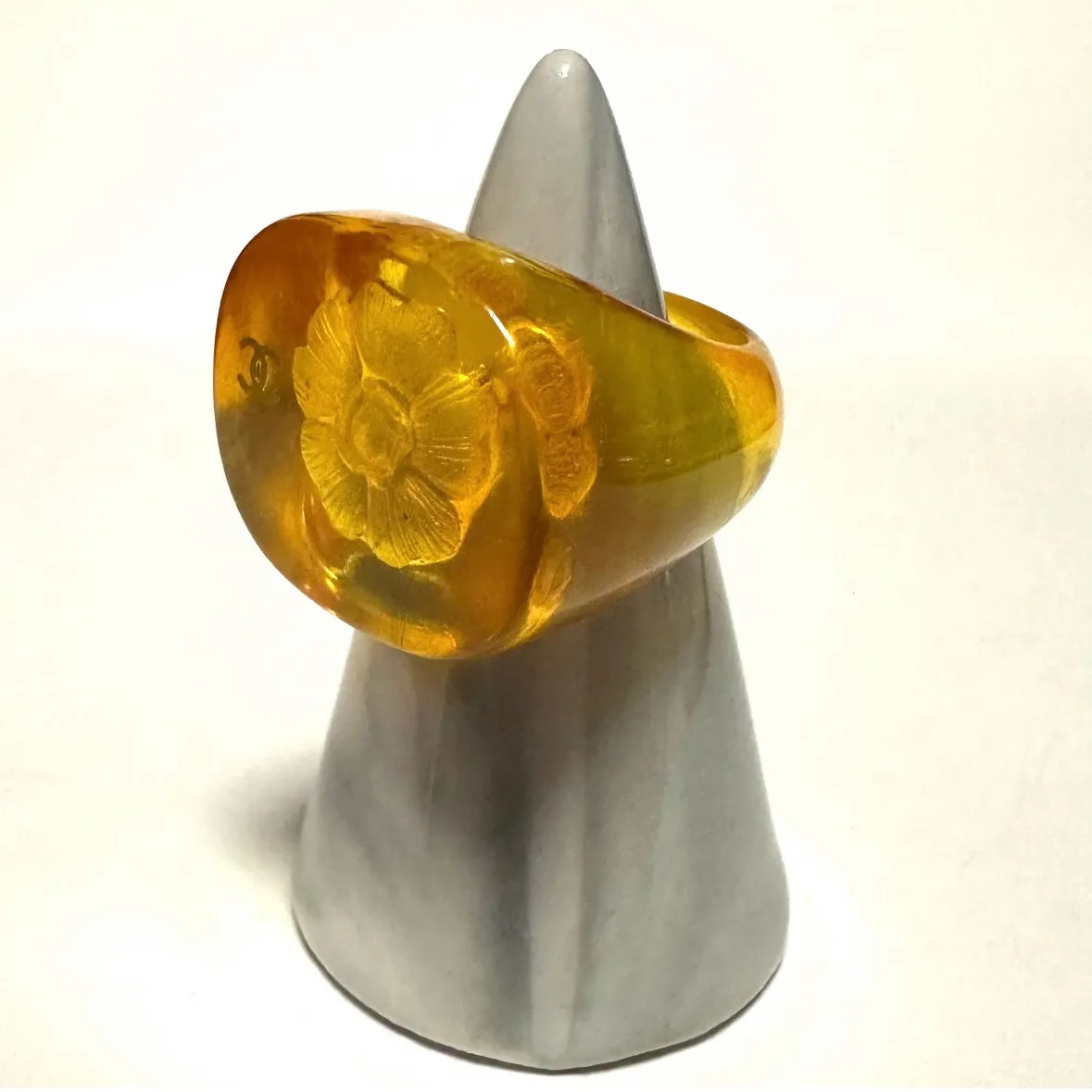 CHANEL Camellia CC Logo Resin Ring Orange Clear Size 13 US 6.5 Auth
