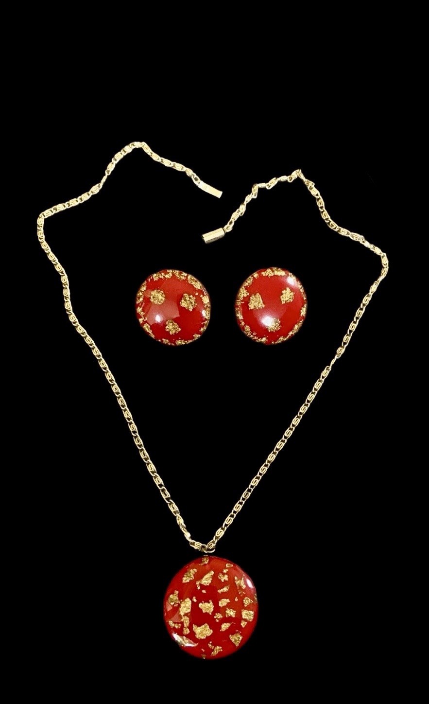 Vintage West Germany Red Resin & Gold Foil Pendant Necklace & Earrings Set~1950s