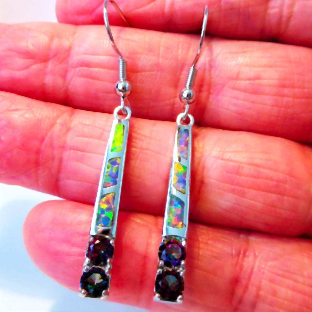 GORGEOUS LAVANDER FIRE OPAL/MYSTIC TOPAZ HOOK EARRINGS