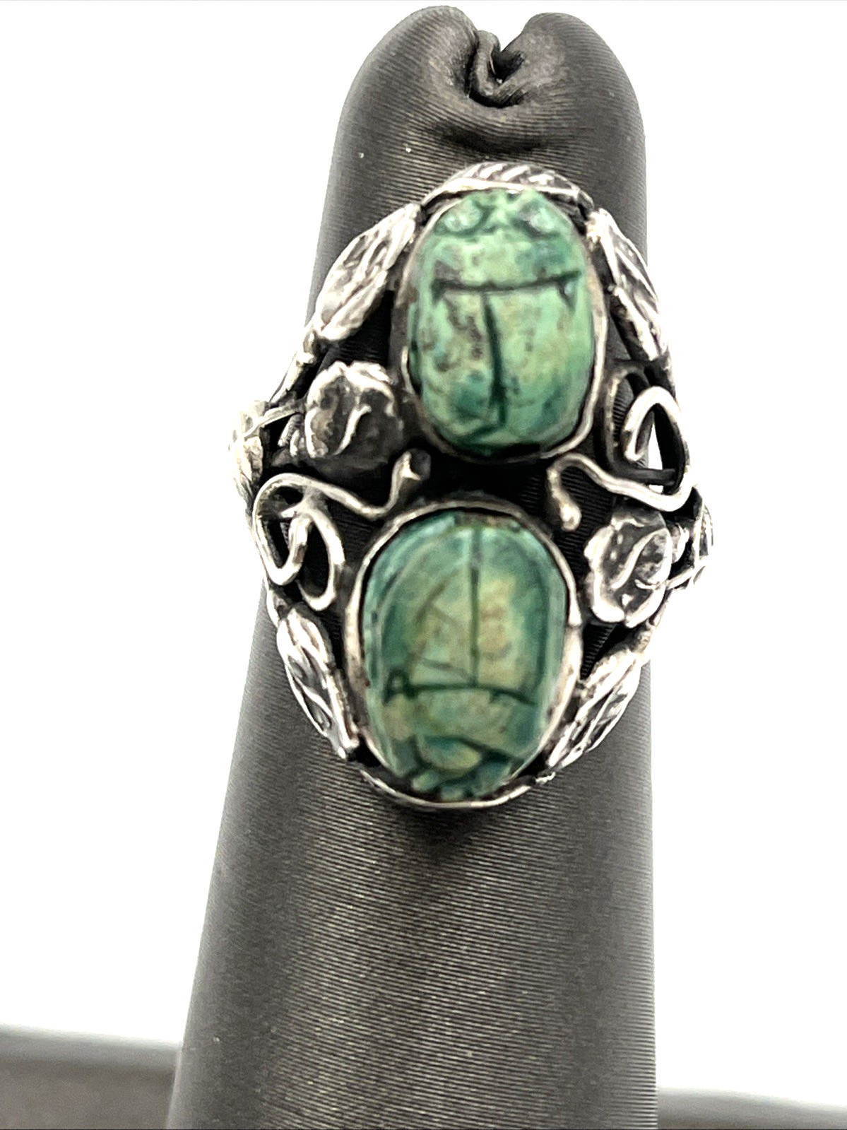 Arts and Crafts Sterling Silver Ring Egyptian Revival Double Scarab Ring 3.75″