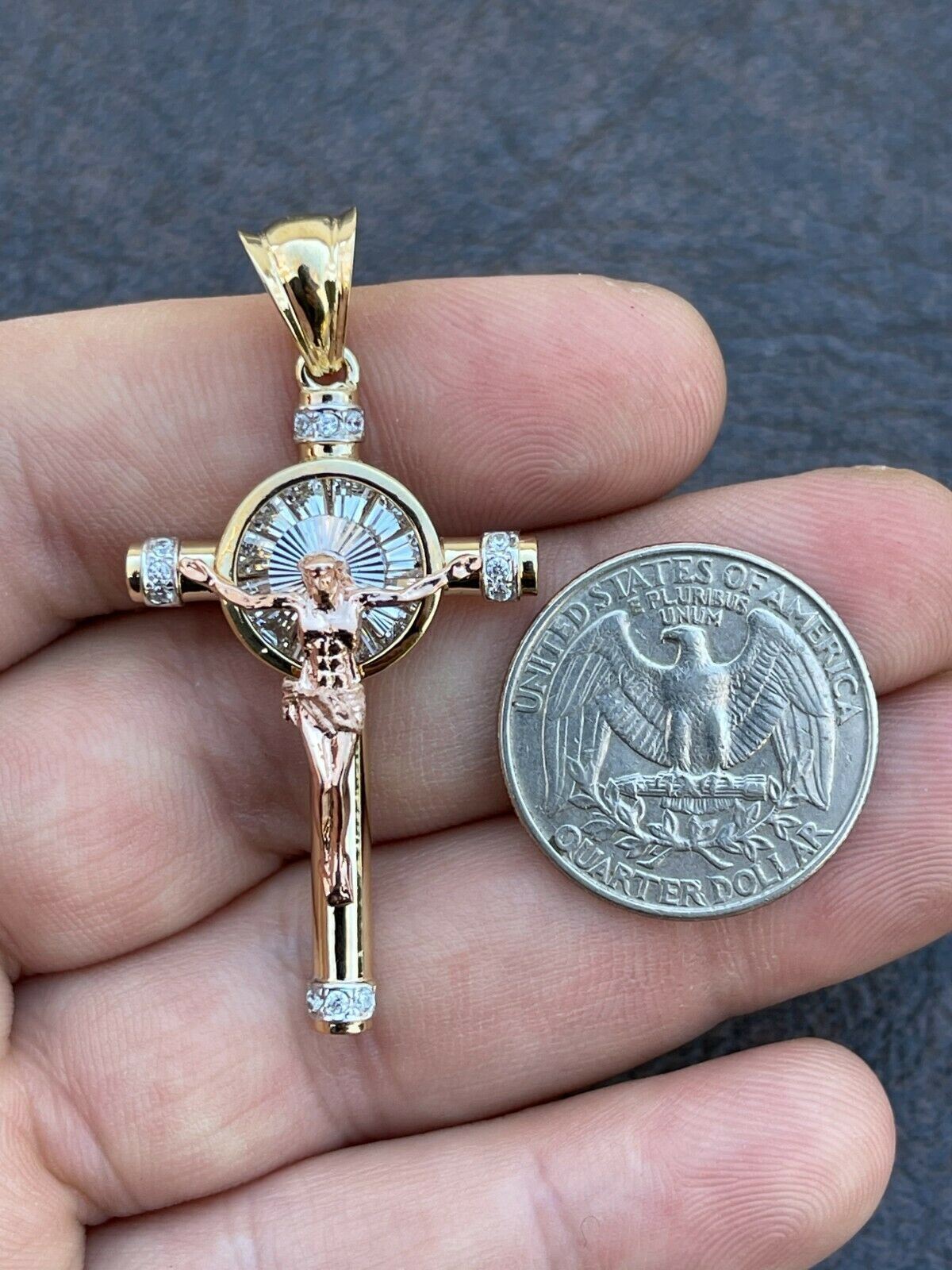 Solid 925 Silver Cross W. Jesus Pendant Yellow & Rose Gold Plated Necklace CZ