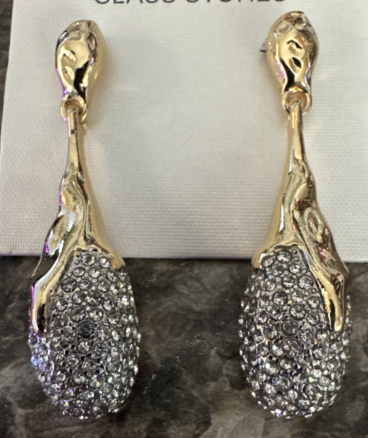 PIPER K GOLD TONE TEARDROP WITH PAVE GLASS STONES EARRINGS NEW ON CARD