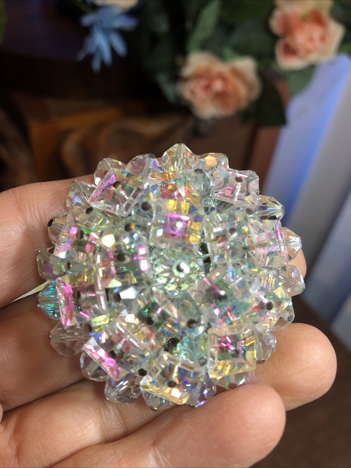 23. Vtg Silver tone Mix material White, AB, Blue Rhinestone Prong Set 5 Pins