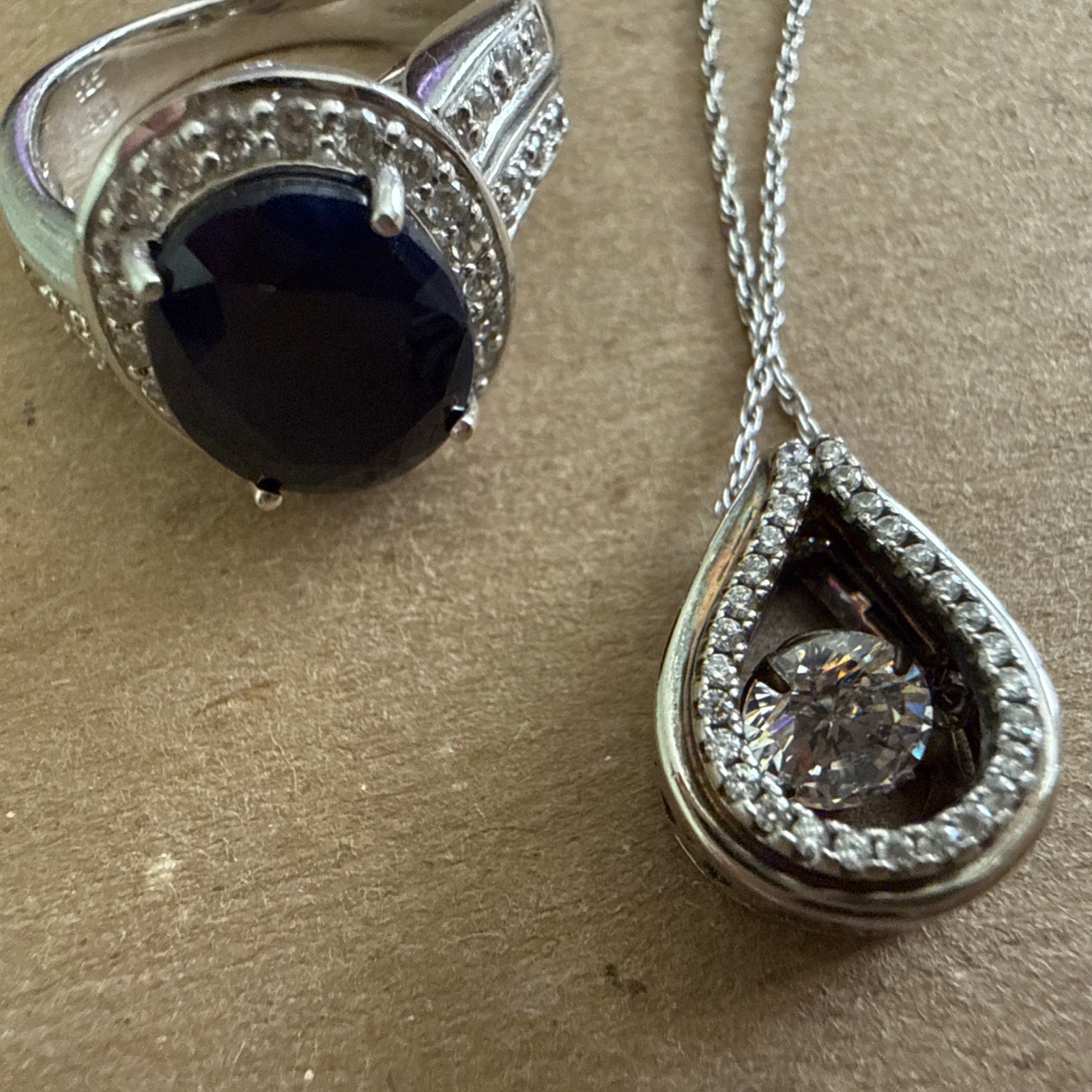 925 Lot Of 2 Jewelry Silver Necklace Pendant With Chain & Ring Blue Stone Stamp