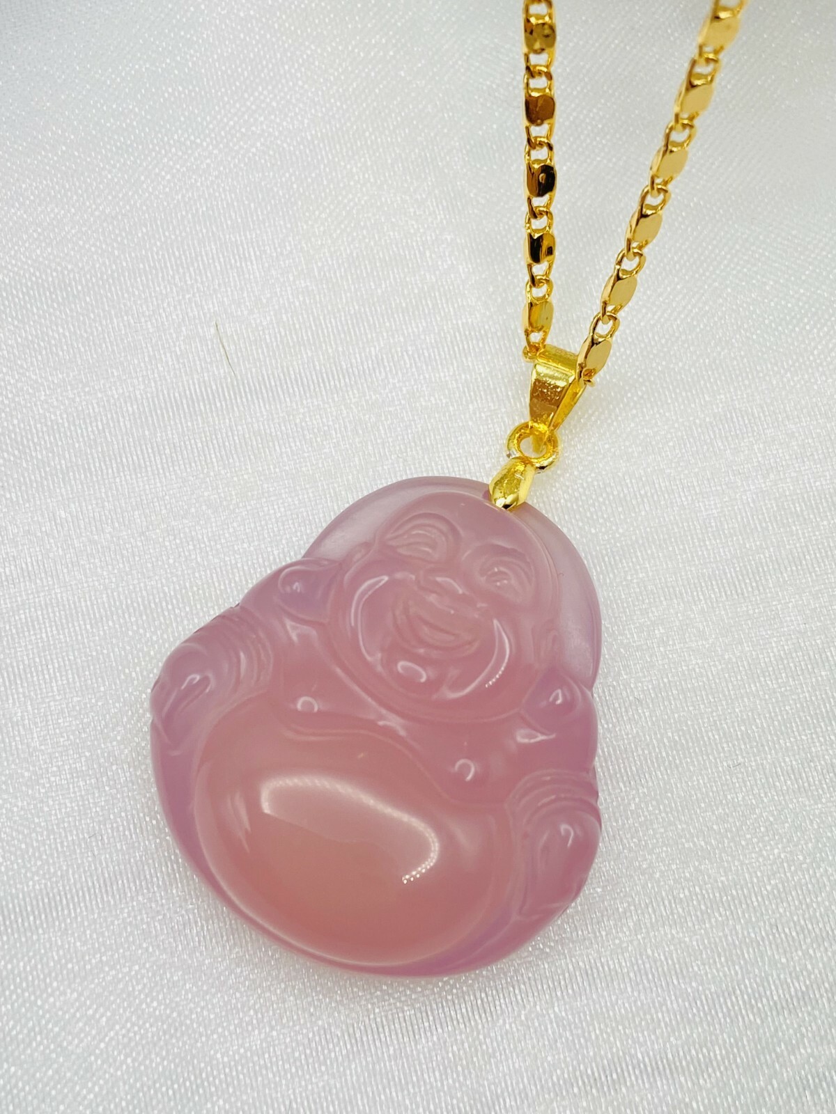 Jade Smiling Buddha Pendant Charm Necklace W/ 18K Gold Plated Chain Handmade