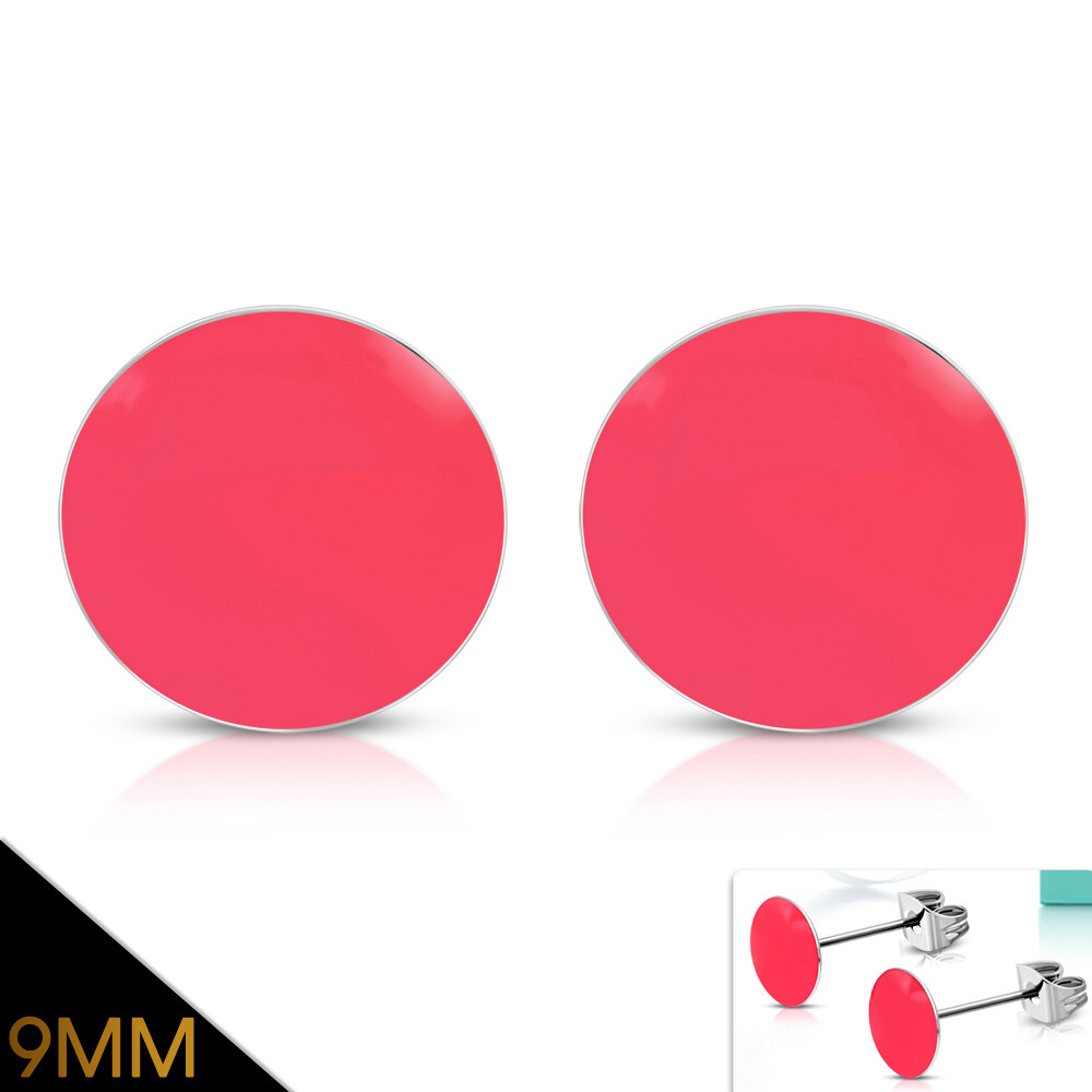 9mm Stainless Steel 2 Tone With Resin Pink Round Circle Stud Earrings Pair