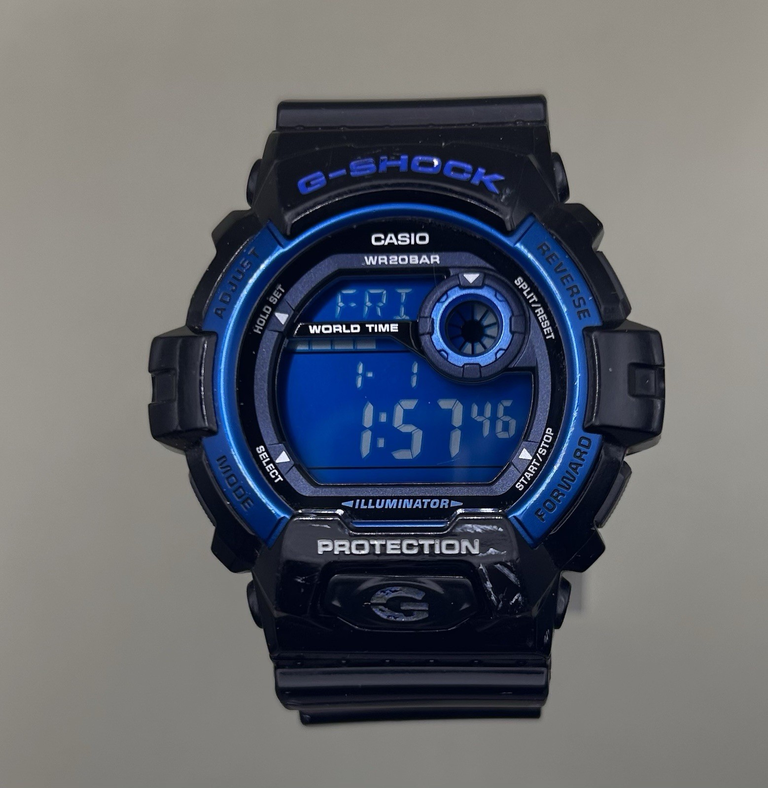 Casio G-Shock Men’s Blue Dial Black Strap Quartz Digital 52mm Watch G-8900A