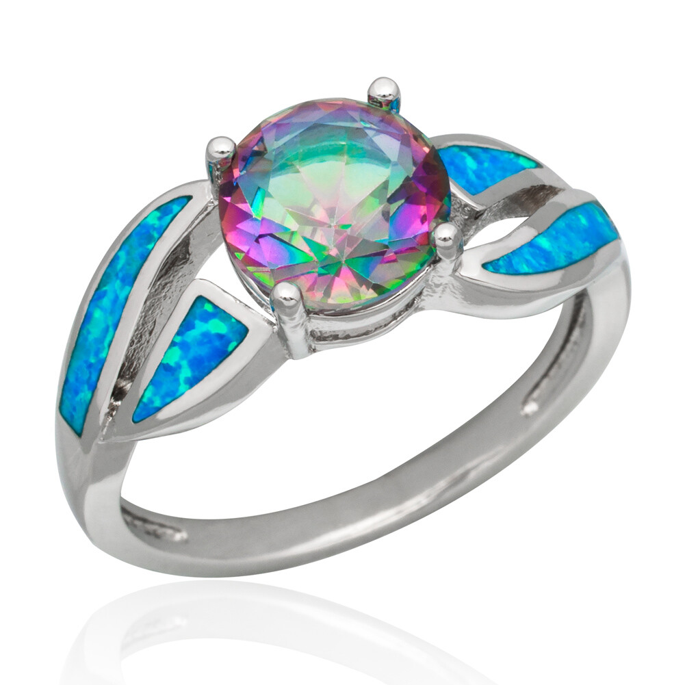 8mm Rainbow Mystic Topaz Blue Fire Opal Silver Jewelry Cocktail Ring Size 7 8 9