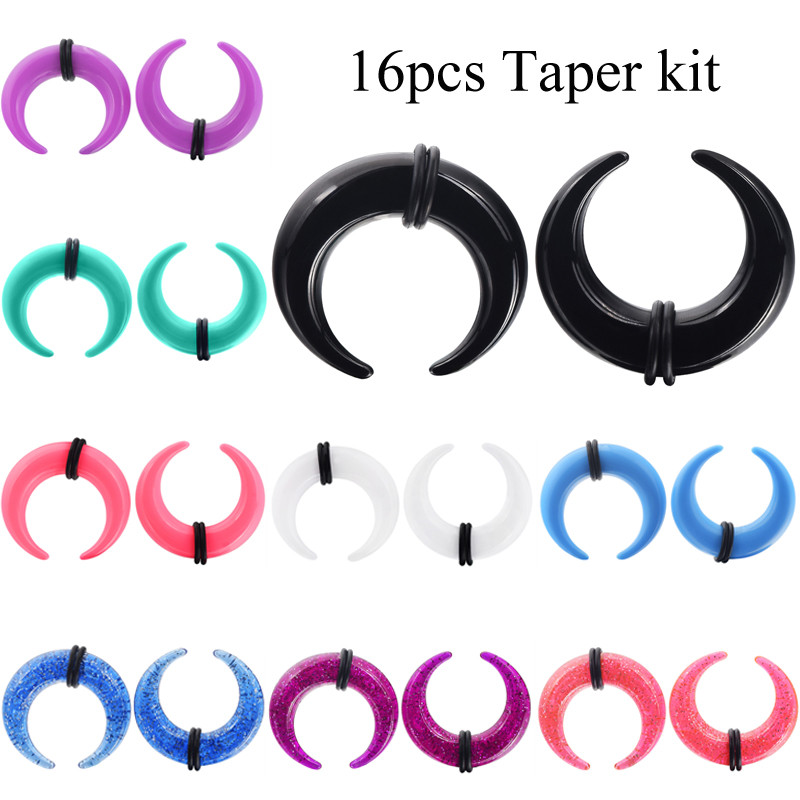 16Pcs Acrylic C Shaped Taper Pincher Septum Rings 14G-00G Gauges Piercing Kit
