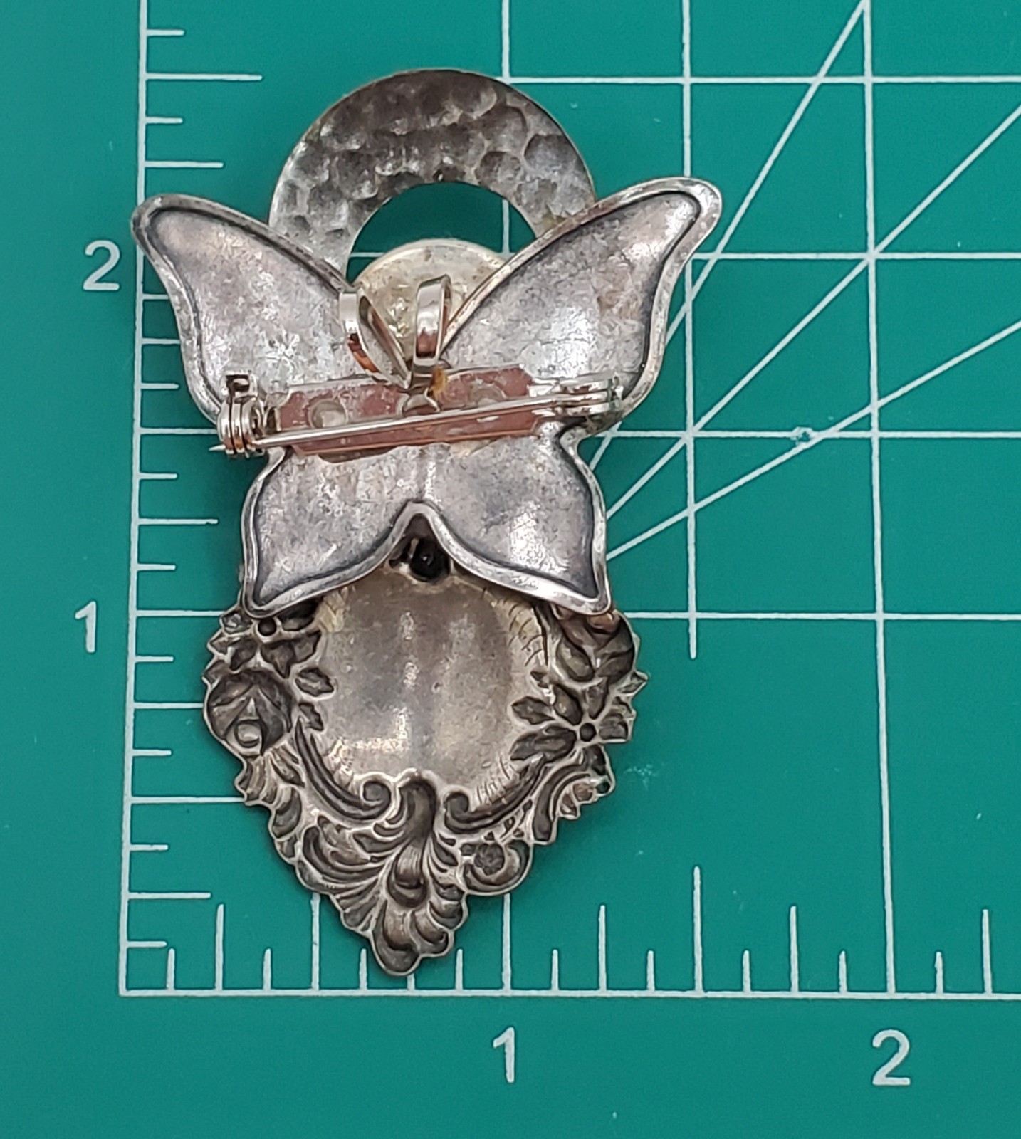 VTG Angel Brooch and Pendant Combo 2.5in Hammered Silver Tone Scroll Steampunk