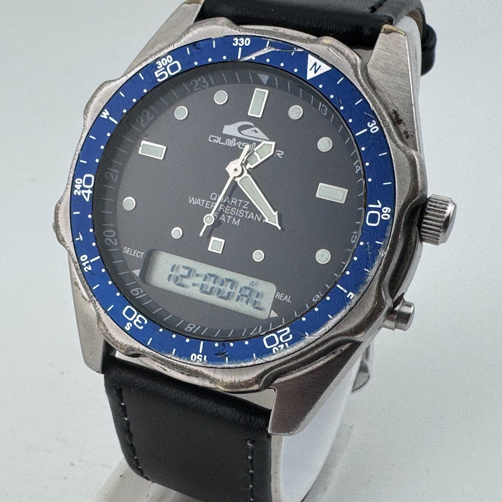 Quiksilver Analog Digital Watch Men Silver Blue Rotating Bezel Chrono New Batter