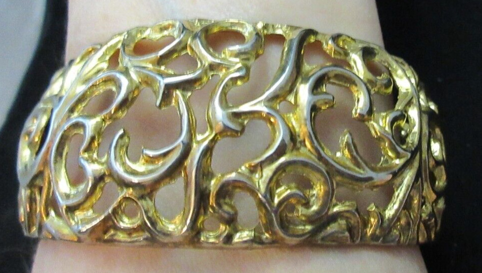Vintage Open Work 1 1/4 Inch Wide Hinged Cuff Clamper Bracelet Gold Tone As Is