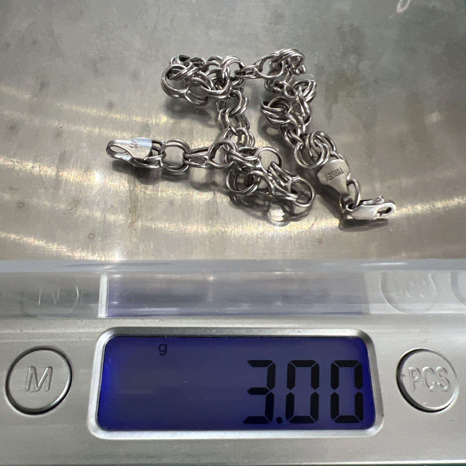 Vintage RCI 14k White Gold Double Circle Link Charm Bracelet 7.3” 5.7mm Turkey