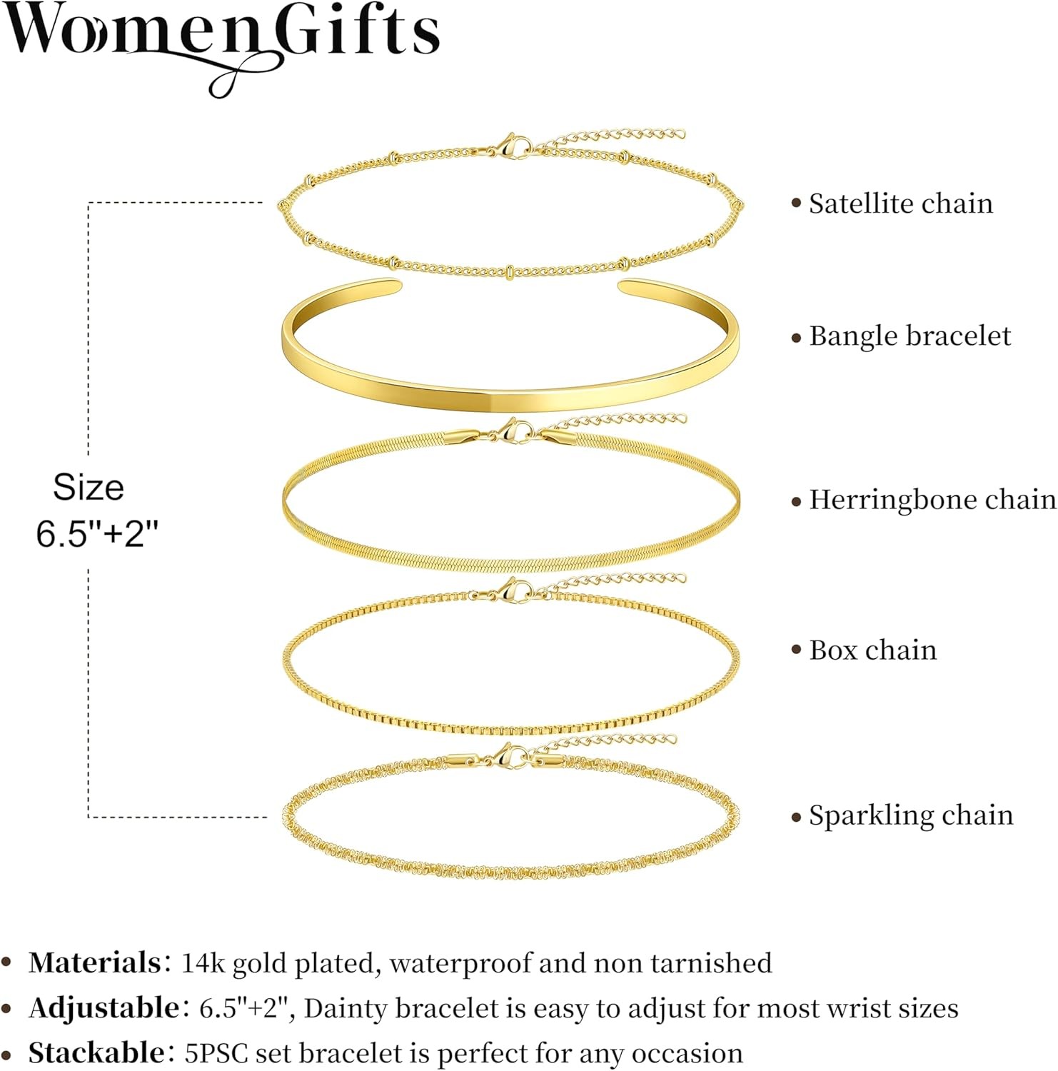 Thin Dainty Gold Bracelet for Women Stack, 14K Gold Plated Bracelet Stackable Se