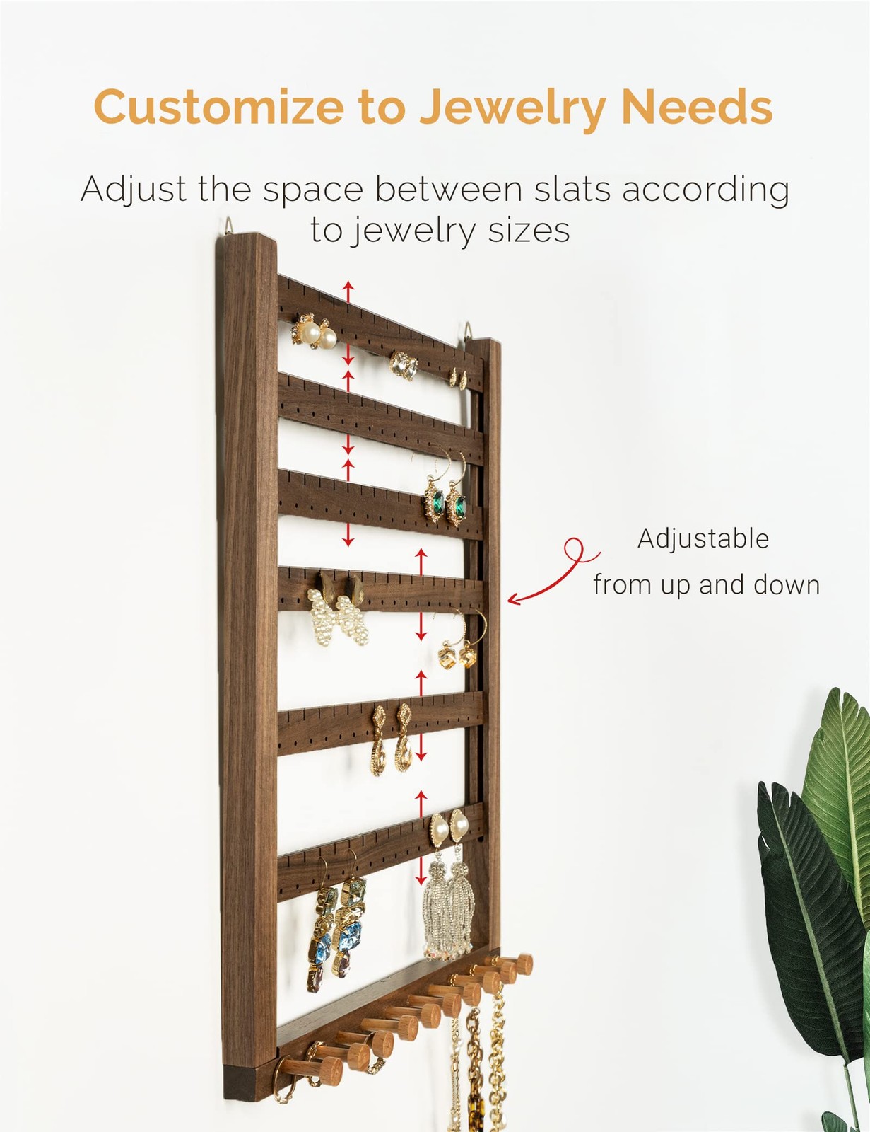 Earring Wall Holder 11 2/5×14 1/4in Solid Walnut – Holds 99 Pairs of Earrings