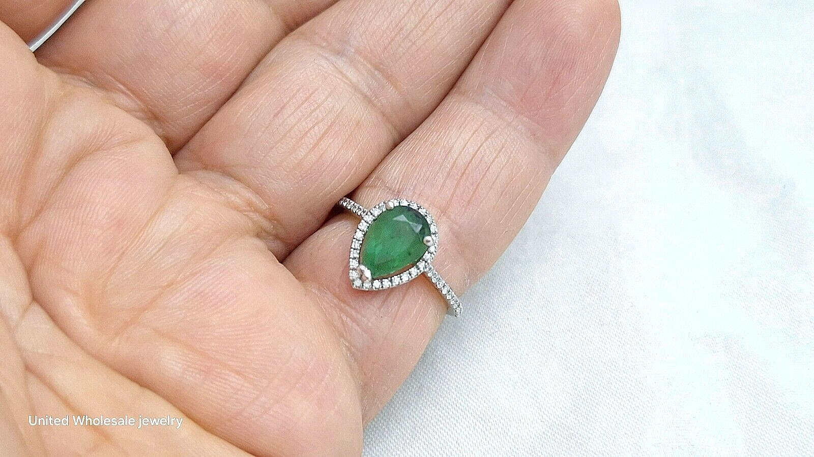 2.38Ct Genuine Mined Pear Emerald & Diamond Ring In Solid 14K White Gold