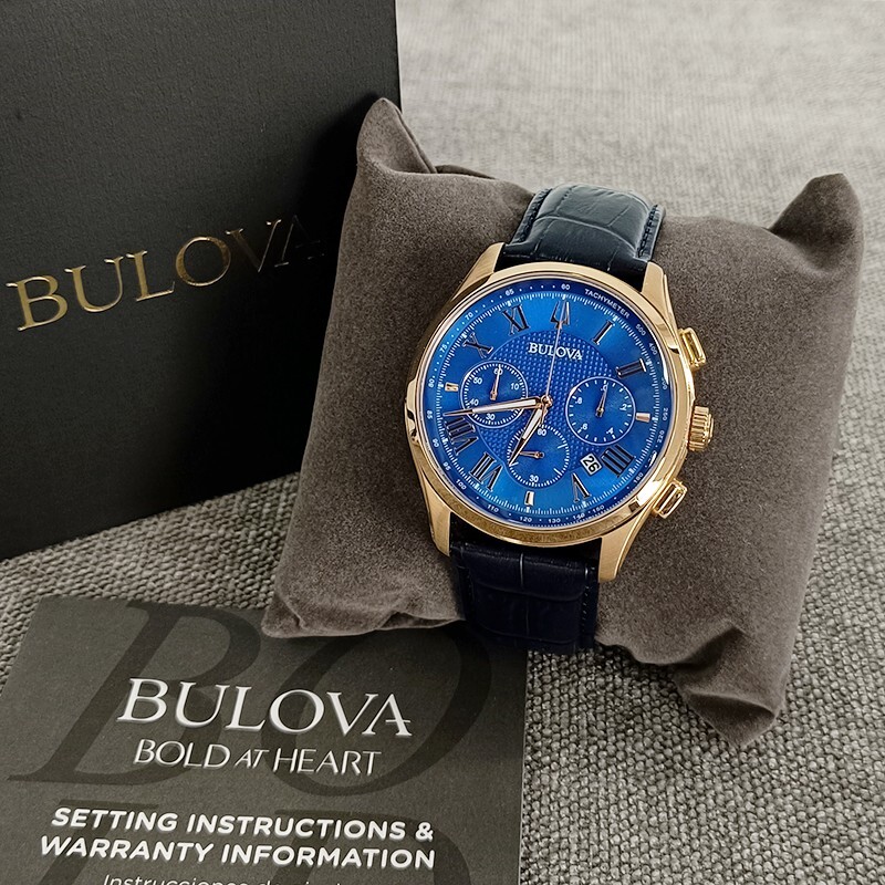 Bulova Wilton Men’s Blue Dial Croco Pattern Leather 97B170 Quartz Watch 46.5mm