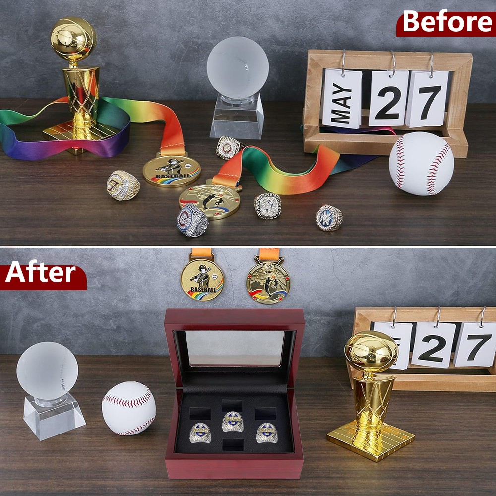 7 Holes Championship Ring Display Case Box Wooden Collection Storage Box Gift US