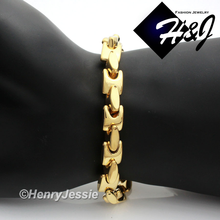 24″MEN Stainless Steel HEAVY 8mm Gold Plated Interlock Bones Necklace Bracelet