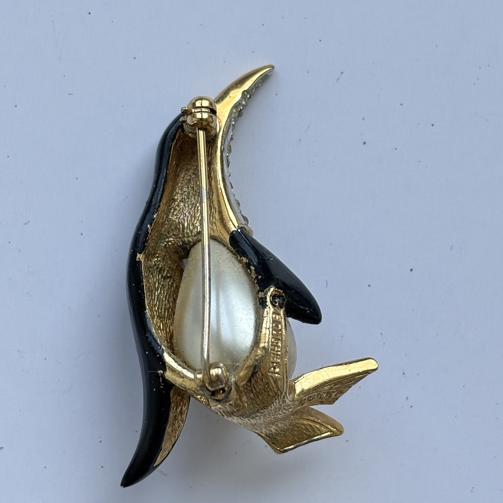 Vtg Marcel Boucher Penguin Brooch Rhinestone Faux Pearl Enamel Figural Pin