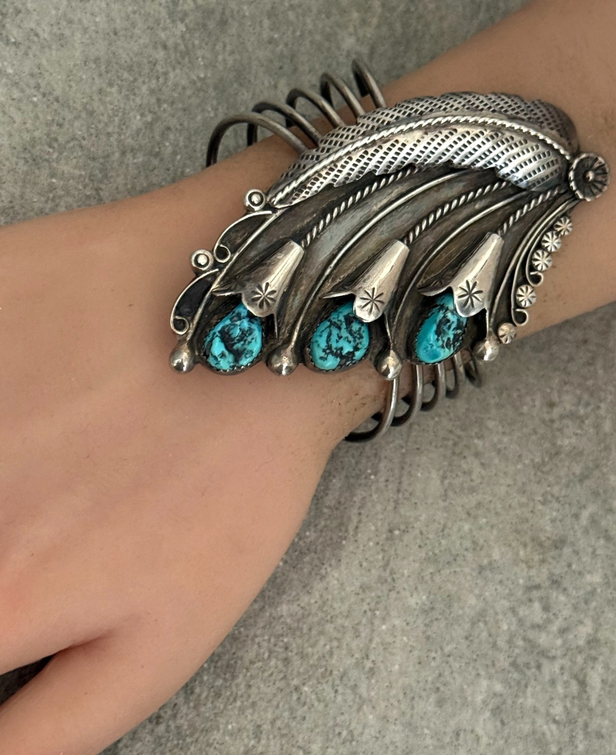 Vintage Navajo Turquoise Sterling Silver BLOSSOM Bracelet 6.7 in