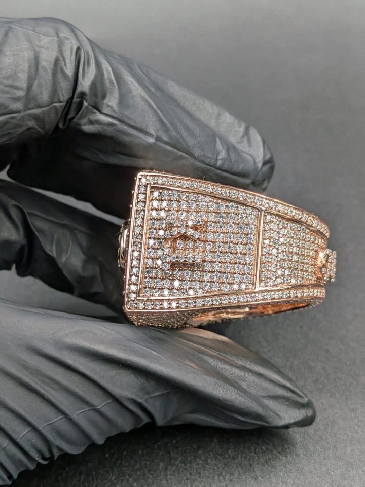 5TCW Lab Created Diamond Iced Statement Custom Name Ring in 14k Rose Gold Plated