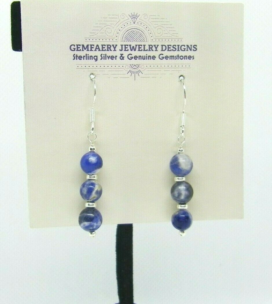 Sterling Silver Natural SODALITE Stacked Gemstone Earrings #4119…Handmade USA