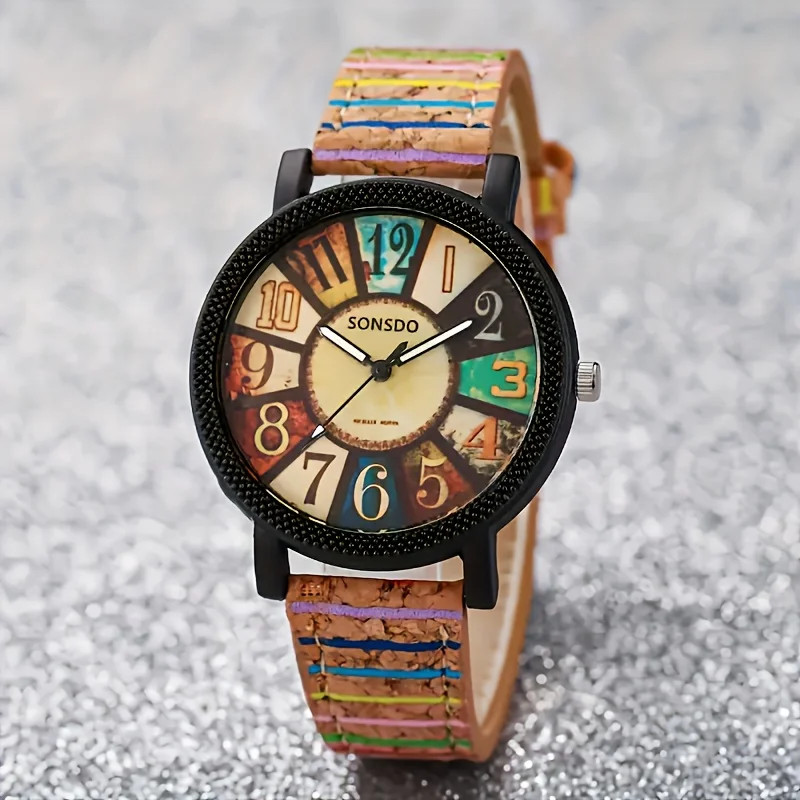 Vintage Wood Grain Women’s Watch Color Block Fashion Analog PU Leather