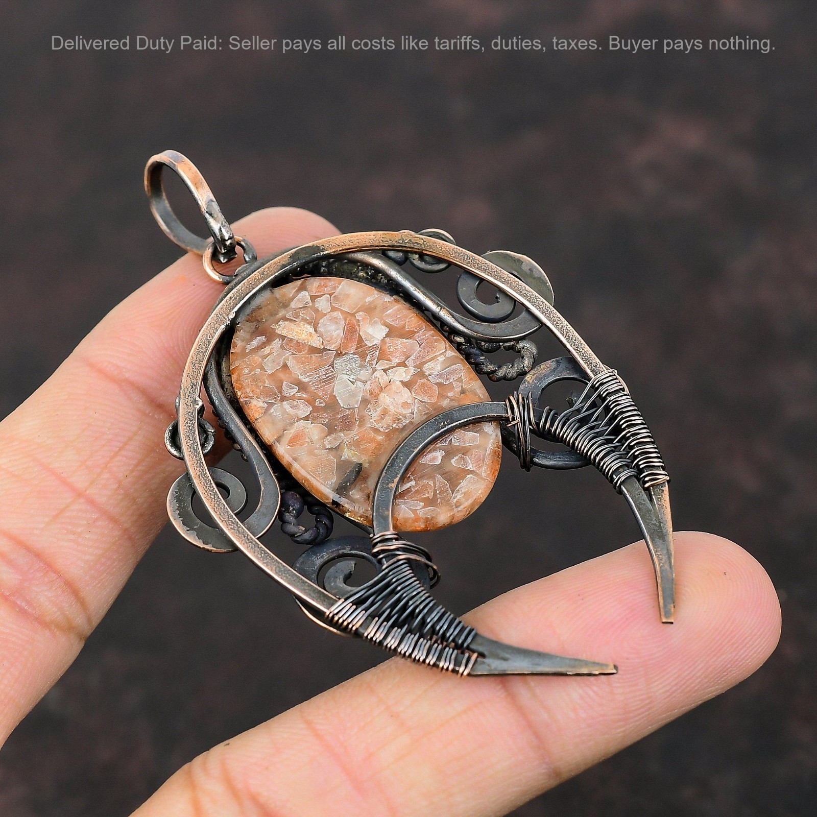 Sacral Chakra Natural Sunstone Wife Wire Wrapped Birthday Pendant Jewelry Copper