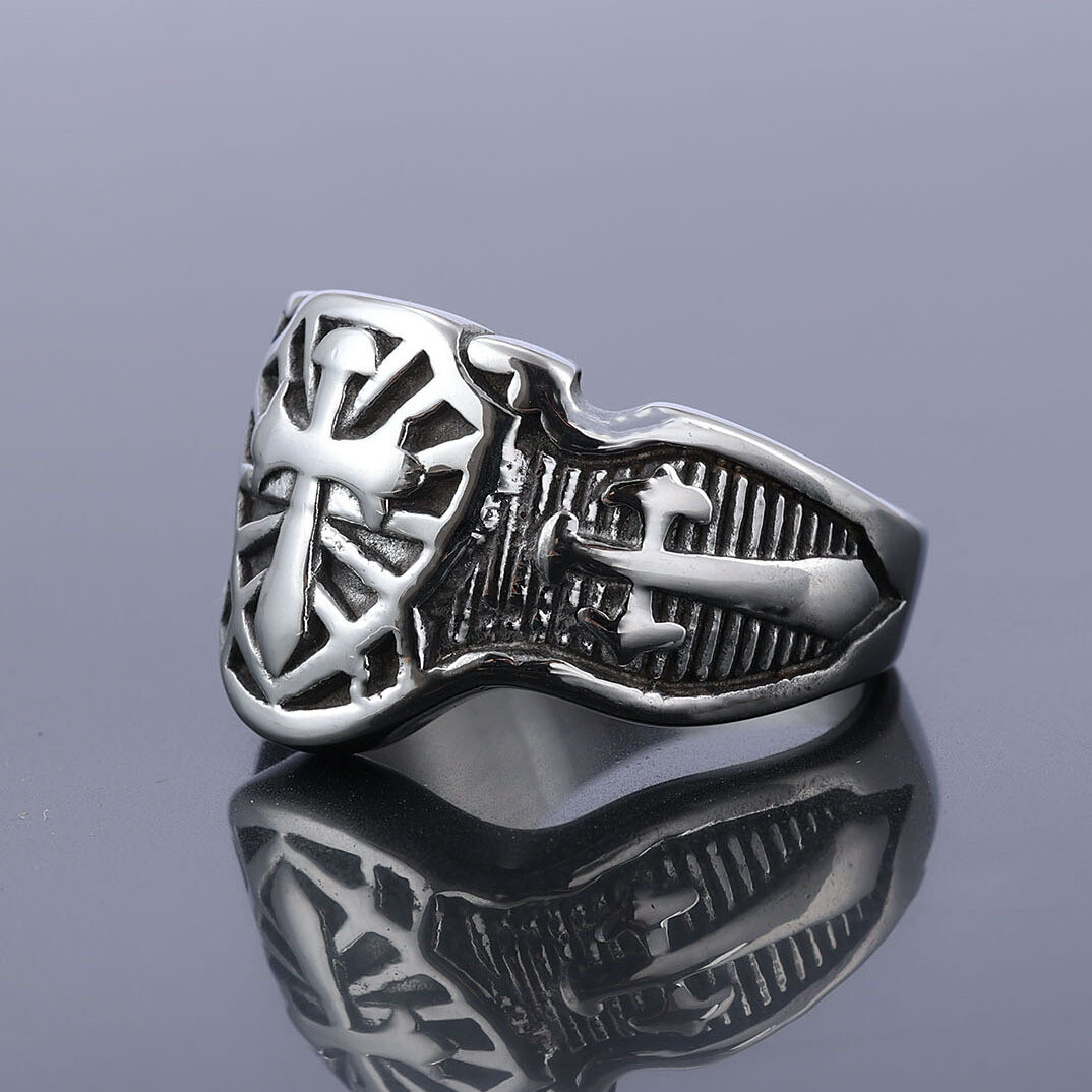 Cross Religious Ring Shield Men’s Ring Personality Punk Trend Gold Silver