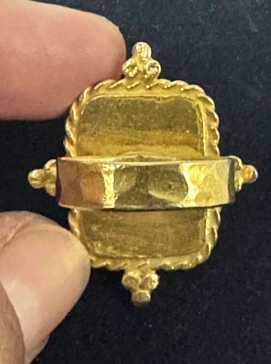 Gold Tone Statement Cocktail Ring Dark Stone Rectangular Cabochon Ornate