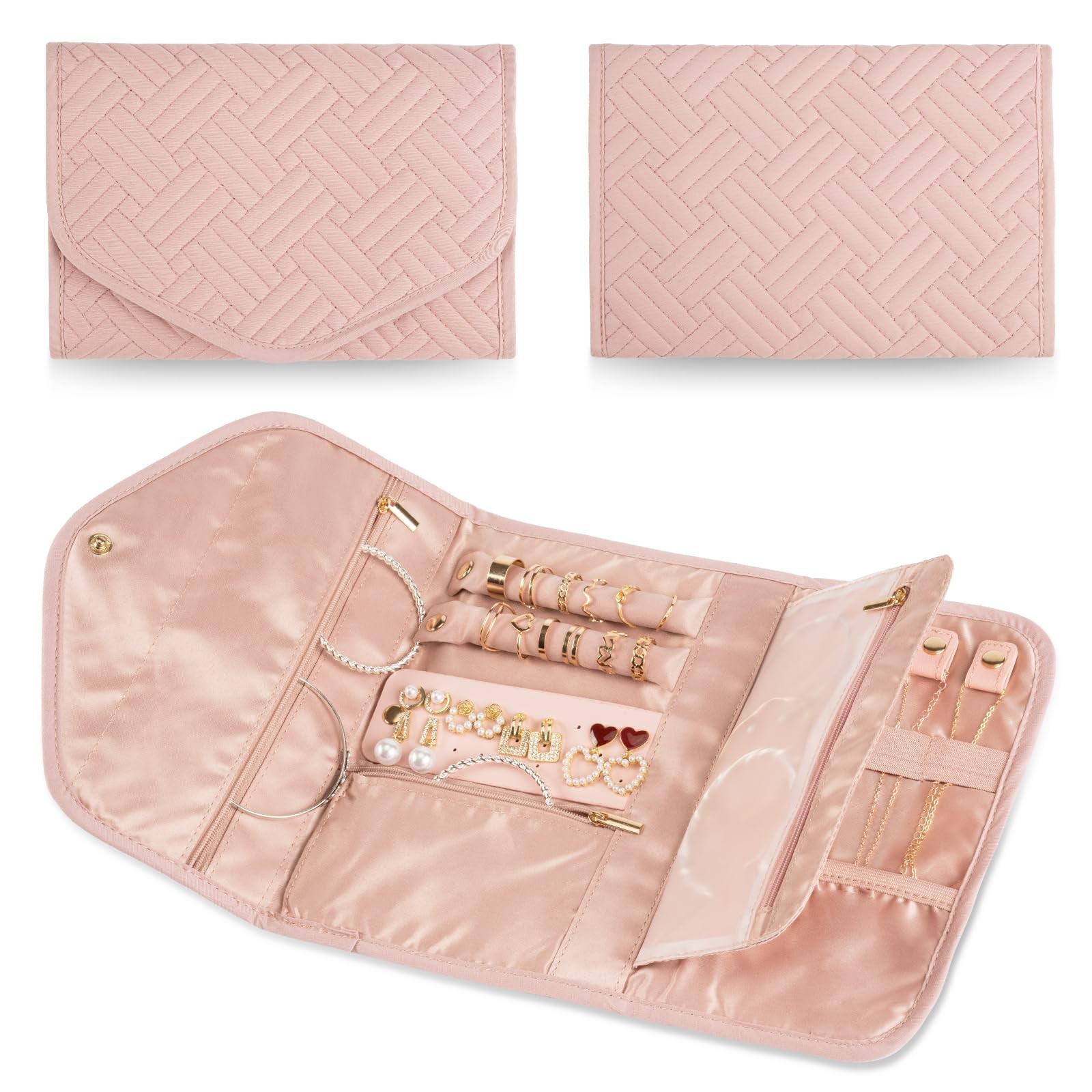Travel Jewelry Organizer Bag Anti-Tangle Foldable Small Jewelry Roll Travel C…