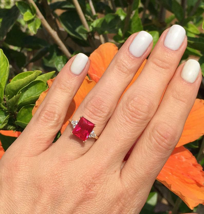 Women’s Pink Simulated Ruby Ring 3.58 ct Large Emerald Prong Gold Plated Silver