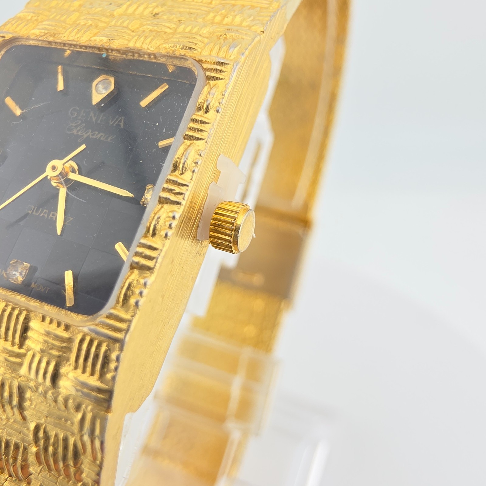 Vtg GENEVA Elegance Ladies Watch Crystal Indices Basket Weave Band Gold Plate 8″