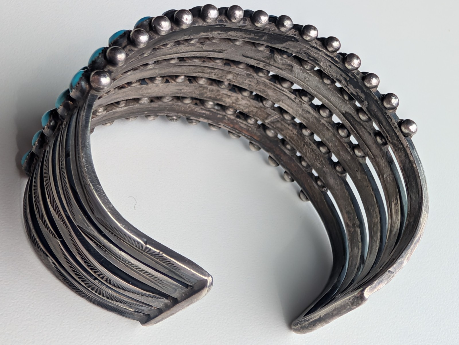 Vintage Mid-Century Silver and Turquoise SW Style, Hand-worked Cuff Bracelet