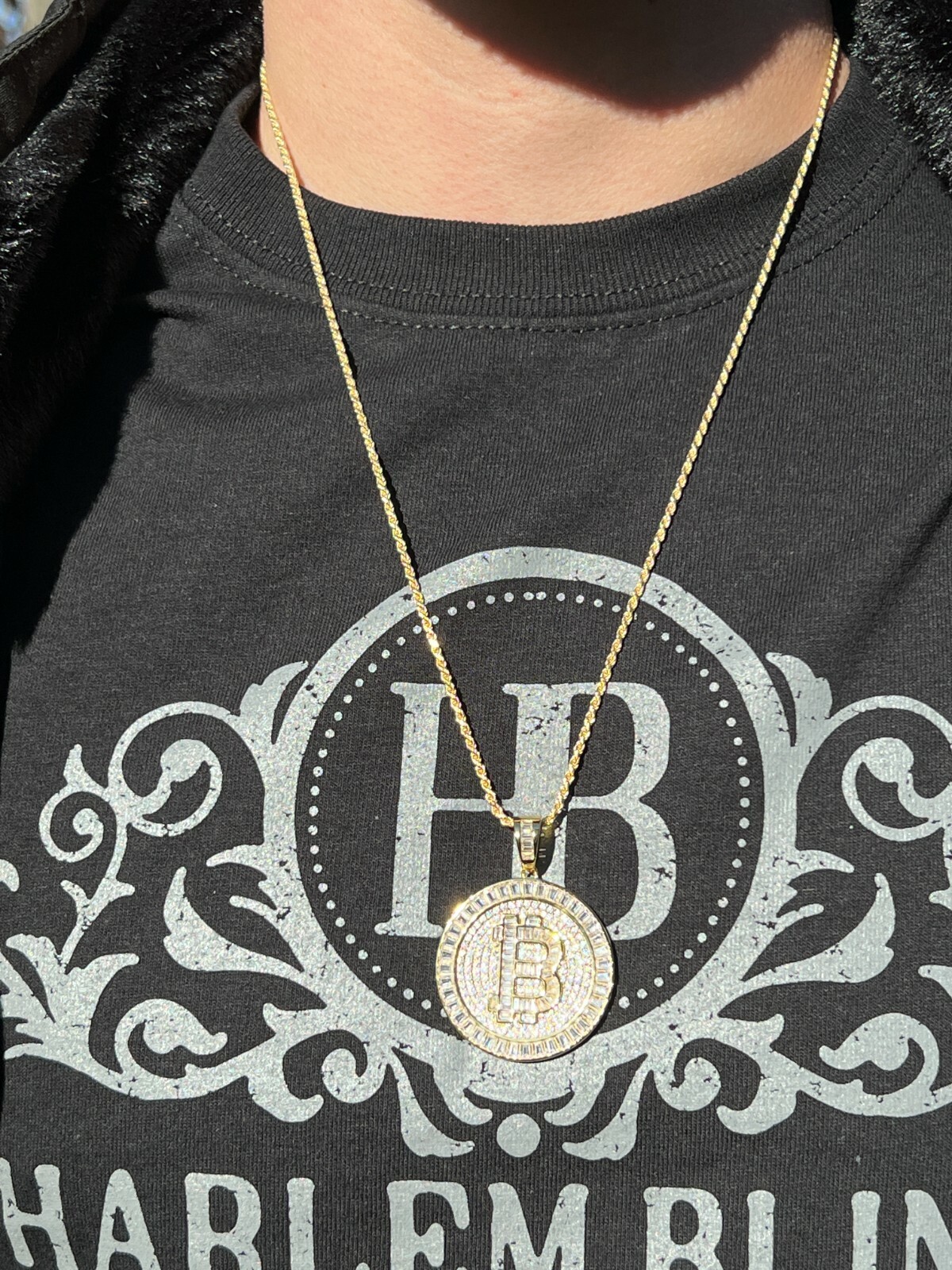 Solid 925 Silver 14K Gold Plated Bling Out BITCOIN CZ Hip Hop Pendant Necklace