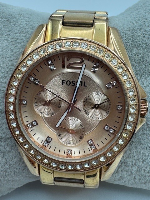 Fossil Riley ES-2811 Gold Tone Multifunction Crystal Accent Bezel Quartz Watch