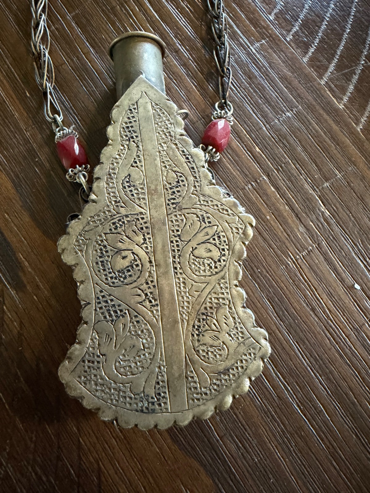 ANTIQUE BEDOUIN LARGE SILVER TONE KOHL FLASK NECKLACE
