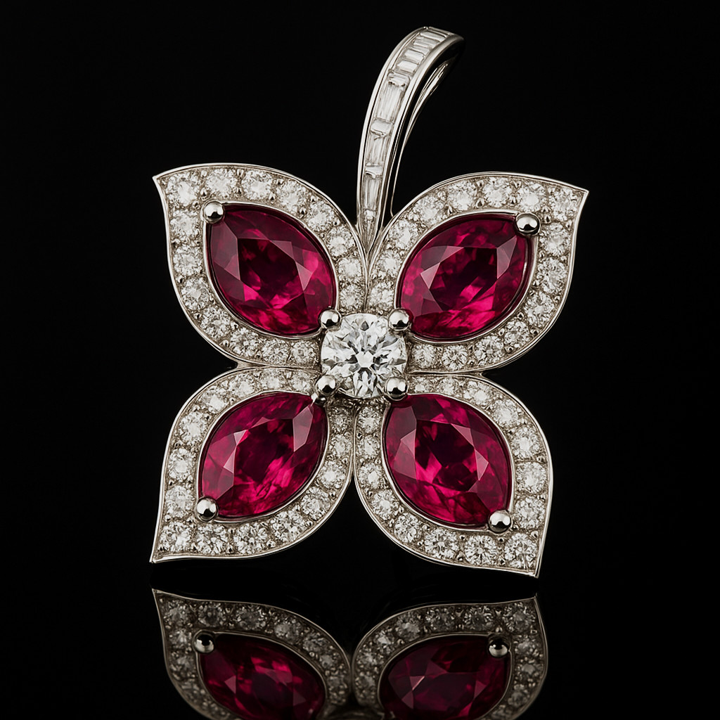 Pendant Brooch 750 White Gold 18K Ruby Diamond 4.2ct Brilliant Baguette VVS