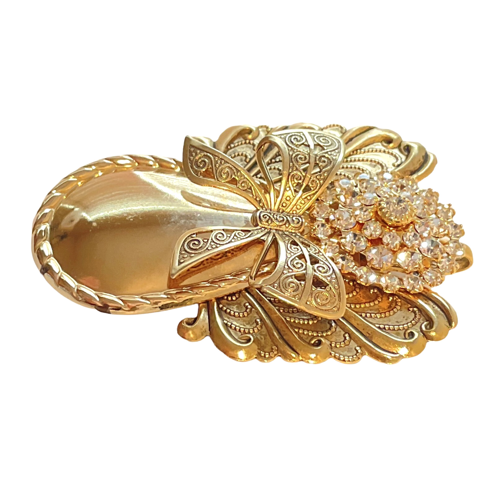Large Artisan Angel Brooch Pendant – Rhinestone Head – Wings Bow w/ Hidden Cross