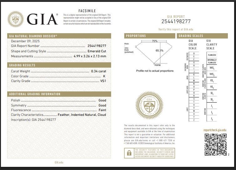 0.34 Ct GIA Certified 100% Natural Diamond K/VS Grade Loose Emerald Cut 4×3 mm